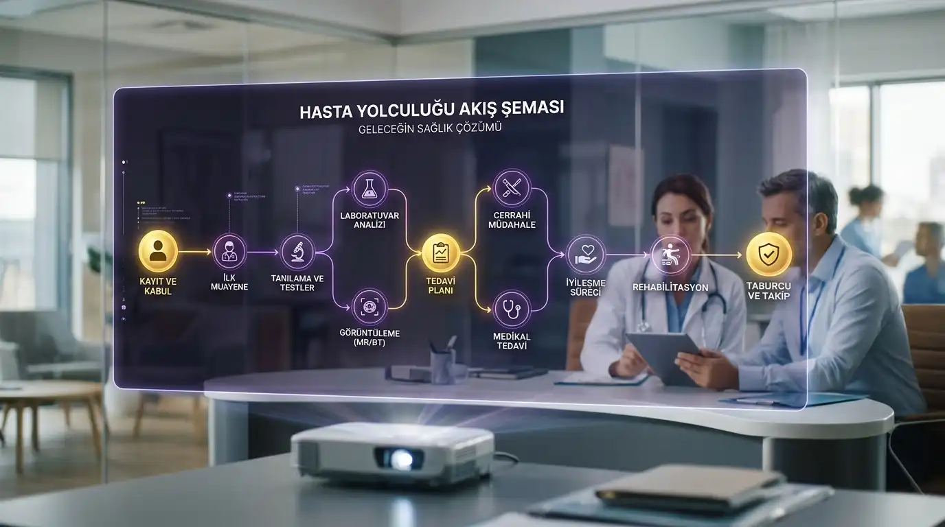 Yapay zeka destekli hasta takip arayüzü ve akıllı iletişim senaryoları, Ahmet Yardımcı Academy profesyonel mor ve sarı renk teması