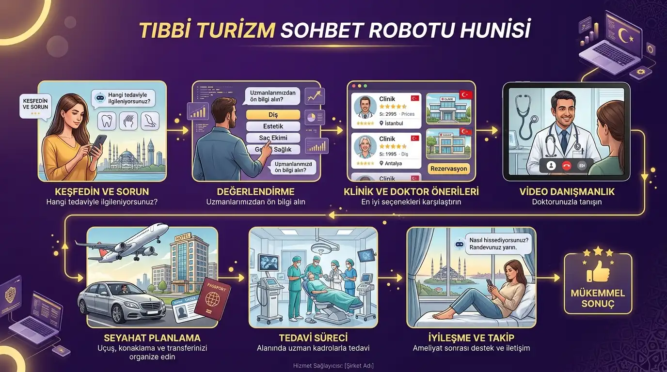 Koyu mor ve sarı aksanlı tıbbi turizm sohbet robotu hunisinde klinik önerisi, video danışmanlık ve seyahat planlamasını gösteren görsel
